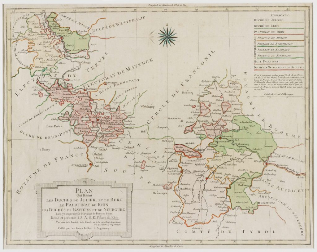 "Plan Qui Réüni Les Duchés De Julier, Et De Berg, Le Palatinat Du Rhin, Les Duchés De Baviere Et De Neubourg. Sans y comprendre le Marquisat de Berg op Zoom"