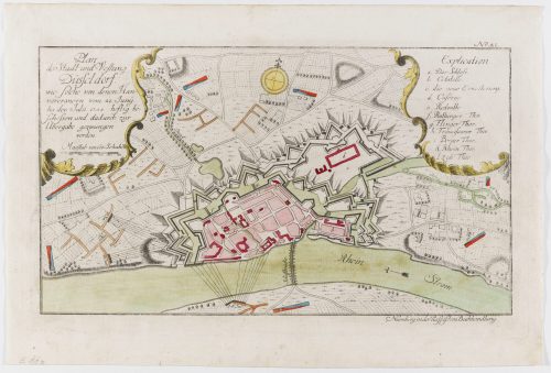 Raspe'sche Buchhandlung (Herausgeber*in), Plan der Stadt und Festung Düsseldorf, wie solche von den Hannoveranern vom 28. Juni bis 7. Juli heftig beschossen und dadurch zur Übergabe gezwungen wurde, 1758