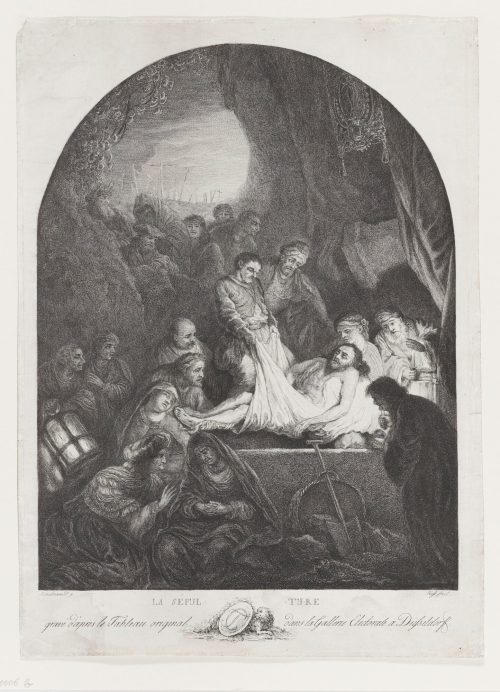 Carl Ernst Christoph Hess (Kupferstecher*in), Radierung aus der "Passion" nach Rembrandt: Grablegung Christi, 1780