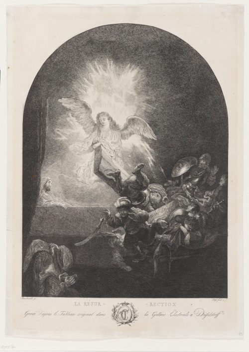 Carl Ernst Christoph Hess (Kupferstecher*in), Radierung aus der "Passion" nach Rembrandt: Auferstehung Christi, 1780