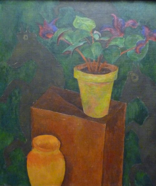 Walter Ophey (Künstler*in), Alpenveilchen mit springenden Pferden, um 1923