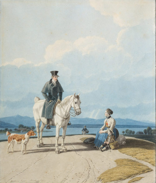 Wilhelm Alexander von Kobell (Künstler*in), Reiter und Bäuerin vor Seenlandschaft, 1826