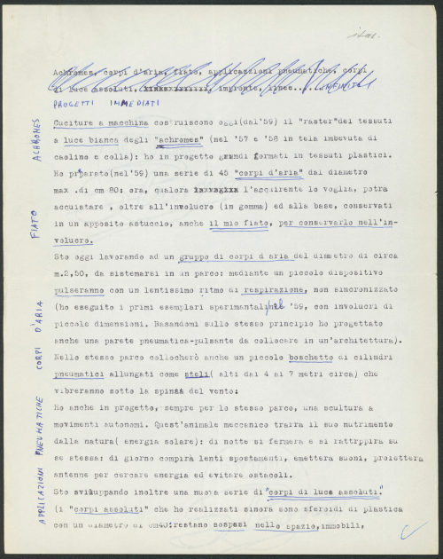 Piero Manzoni (Absender*in), Text "Progetti Immediati", Ohne Datum