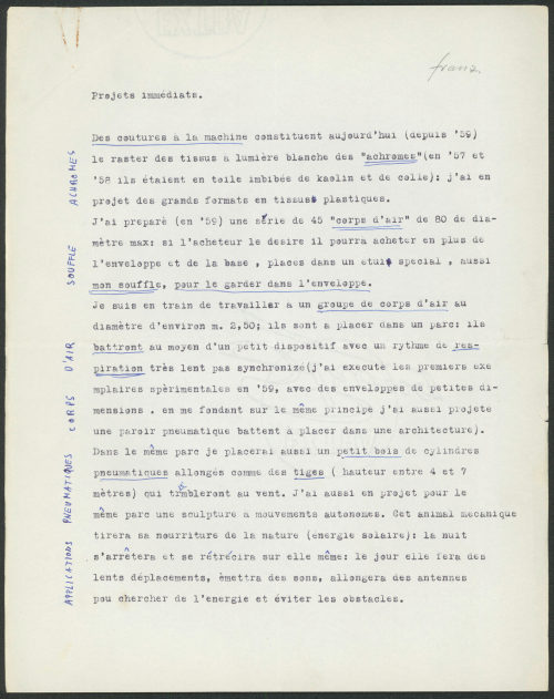 Piero Manzoni (Absender*in), Text "Projets immédiats", Ohne Datum