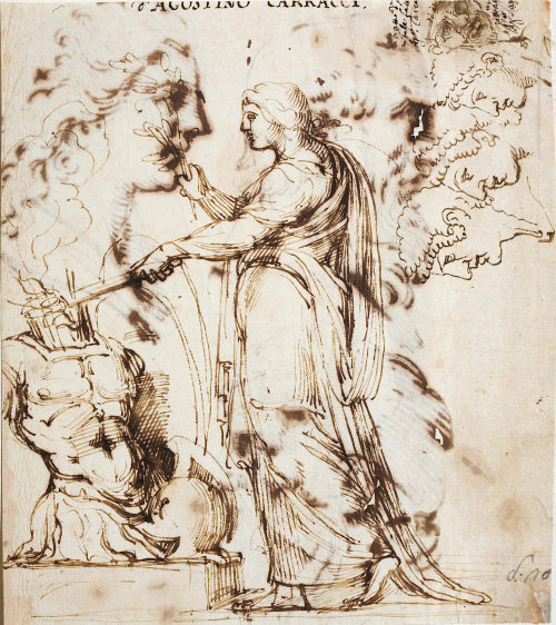 Agostino Carracci (Künstler*in), Skizzenblatt mit einer Allegorie der Pax und Kopfstudien, 17. Jahrhundert