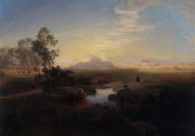 Oswald Achenbach, Abendliche Landschaft mit einem im Gegenlicht liegenden Felsmassiv, 1846 (?), ...