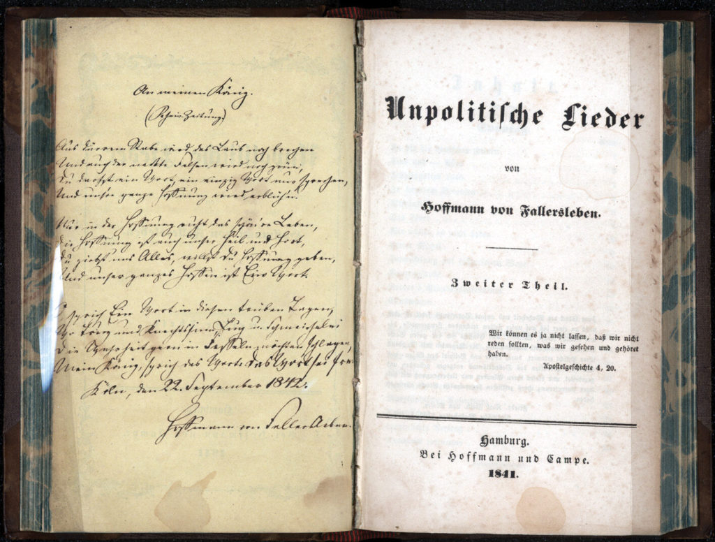 August Heinrich Hoffmann von Fallersleben: Unpolitische Lieder mit eigenhändigem Autograph.
Pr ...