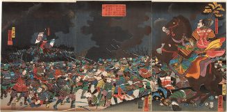 Der Feldherr Amakasu Ōminokami Kagetoki schlägt die Truppen von Fürst Uesugi Kenshin in die Flucht | Aus der Serie Die Schlachten von Kawanakajima [1553–1563]
