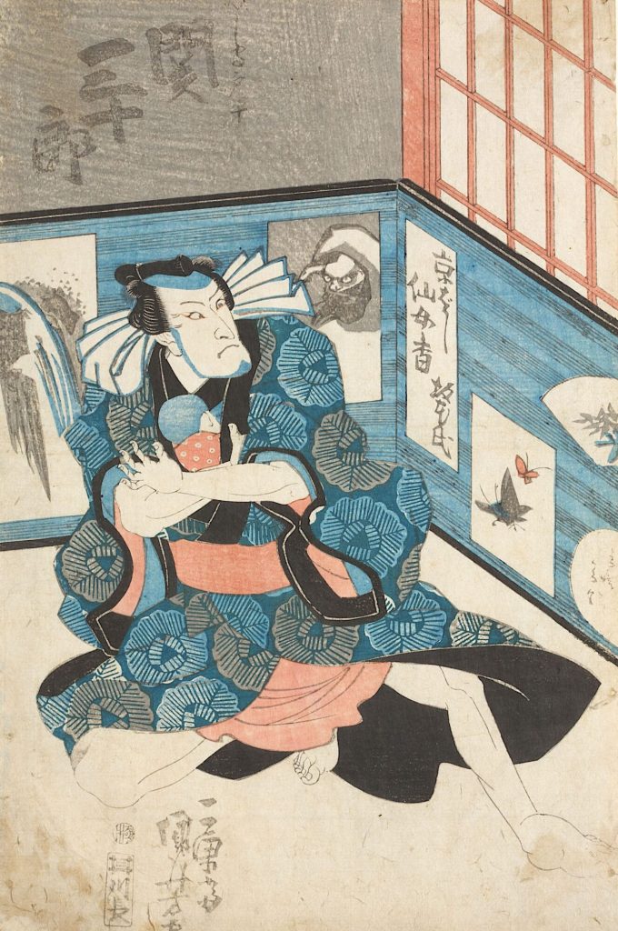 Seki Sanjūrō II. als Fuwa Kazuemon mit dem Kind am Herzen | Aus dem Kabuki-Schauspiel Silbenschrift auf dem sommerlichen Baumwoll-Mantel
