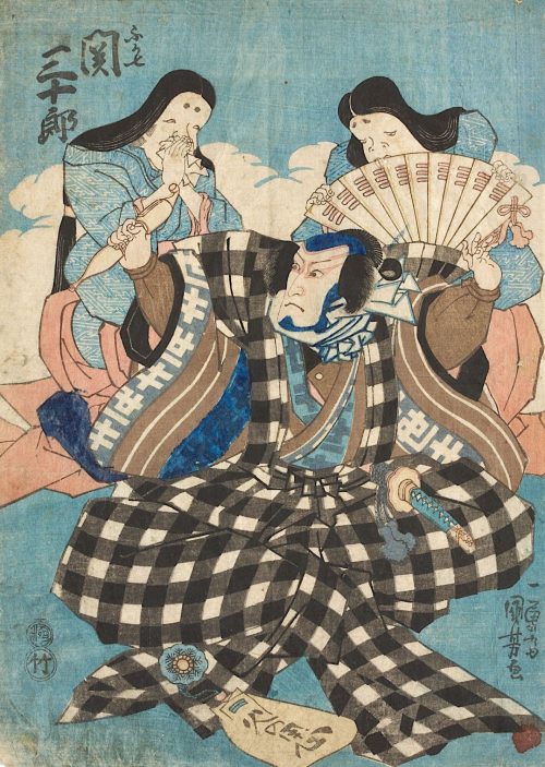 Utagawa Kuniyoshi (Künstler*in), Bühnenszene aus einem Kabuki-Schauspiel mit Seki Sanjurō und zwei Frauendarstellern, Um 1833