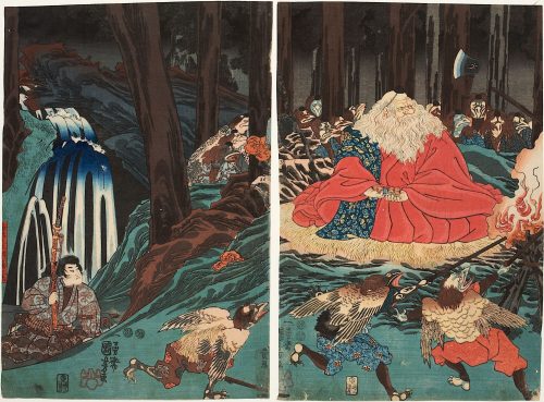 Utagawa Kuniyoshi (Künstler*in), Ushiwakamaru folgt den Anweisungen des Sōjōbō und übt sich im Schwertkampf
, Um 1851