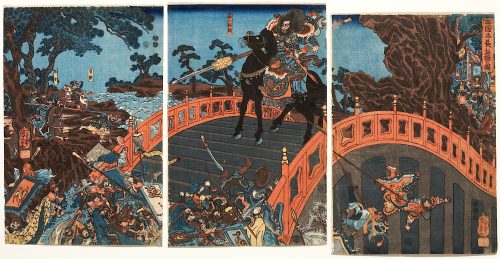 Utagawa Kuniyoshi (Künstler*in), Chōhi hält die Brücke von Chōhan | Nach dem Roman Die Geschichte der Drei Reiche, 1852