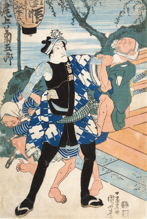 Utagawa Kuniyoshi (Künstler*in), Das Attentat der Verschwörer auf Fürst Ashikaga Yorikane | Erster Akt aus dem Kabuki-Schauspiel Ein Narrenspiegel, 1832