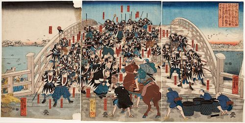 Utagawa Kuniyoshi (Künstler*in), Die herrenlosen Samurai kehren über die Ryōgoku-Brücke zurück, Um 1847