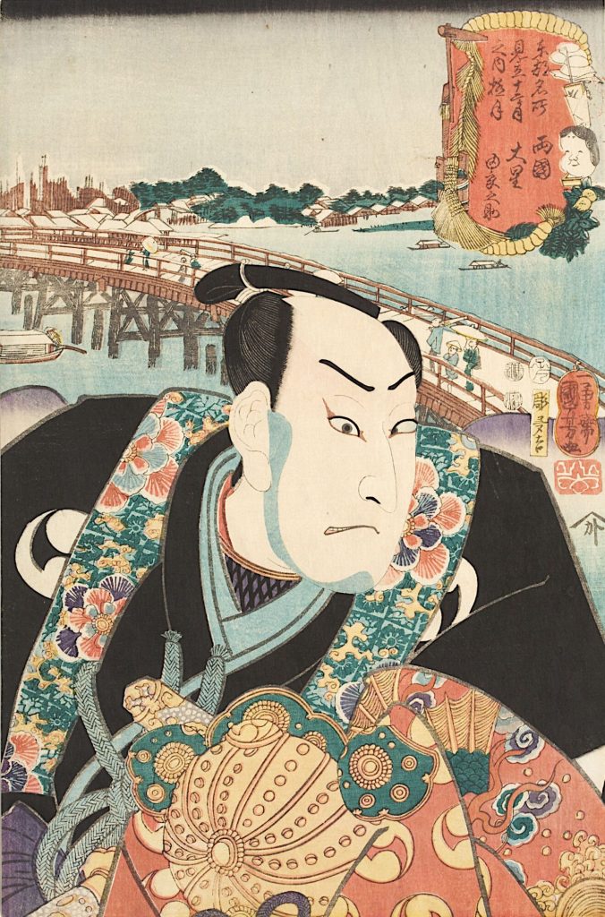 Der 1. Monat: Die Ryōgoku-Brücke und der getreue Gefolgsmann Ōboshi Yuranosuke | Aus der Serie Imaginierte schauspielerische Darstellungen der berühmten Ansichten der östlichen Hauptstadt im Laufe der zwölf Monate