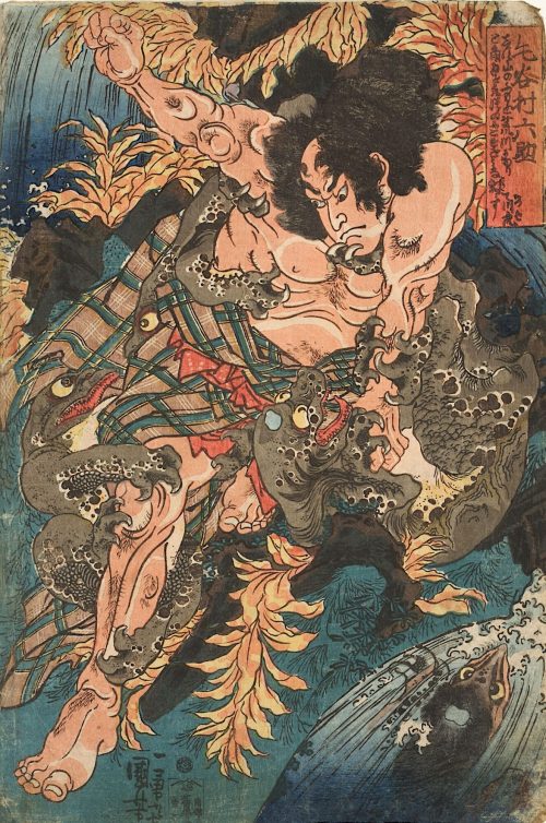 Utagawa Kuniyoshi (Künstler*in), Rokusuke kämpft mit den Wassermännern | Aus einer unbetitelten Serie von Kriegerdarstellungen, Um 1840