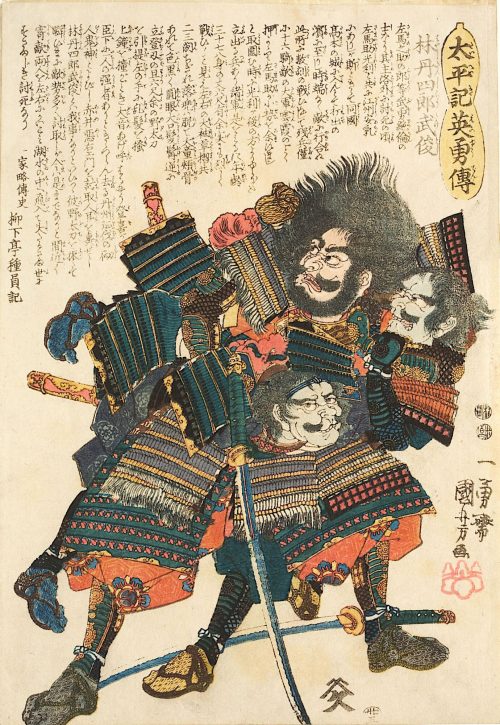 Utagawa Kuniyoshi (Künstler*in), Hayashi Tanshirō Taketoshi besiegt zwei Gegner in seinem letzten Kampf bei Uchideno Hama (1582) | Aus der Serie Heldengeschichten aus dem Taiheiki, Um 1848