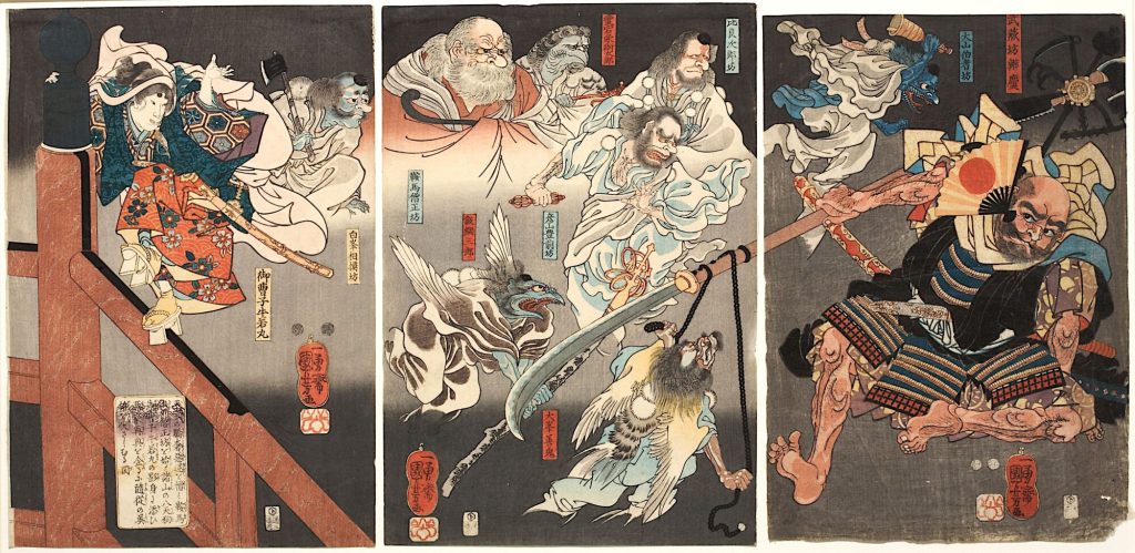 Auf der Brücke kämpfen Ushiwakamaru und der Tengu gegen Benkei
