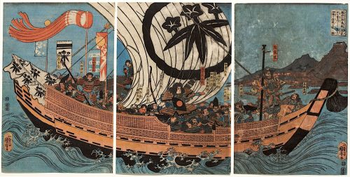 Utagawa Kuniyoshi (Künstler*in), Tametomo und sein Gefolge auf ihrem Schiff, mit Oniyasha als Lotse, Um 1842