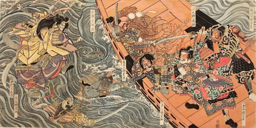 Utagawa Kuniyoshi (Künstler*in), Yoshitsune und seine Getreuen werden in der Bucht von Dannoura von den rachsüchtigen Geistern der Taira angegriffen | Aus einer unbetitelten Serie von Schlachtendarstellungen, Um 1819