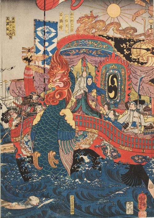 Utagawa Kuniyoshi (Künstler*in), Das Flaggschiff der Taira und das Ende von Kaiser Antoku, Um 1850