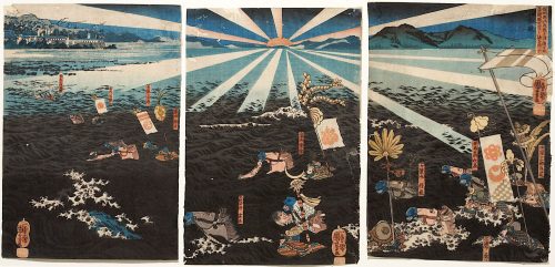 Utagawa Kuniyoshi (Künstler*in), Moritsuna stürmt die Festung von Kojima , Um 1849