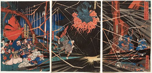 Utagawa Kuniyoshi (Künstler*in), Der Rachegeist des Yoshihira erschlägt Namba Jirō mit einem 
Blitz | Aus dem Kabuki-Schauspiel Minamoto und Taira am Wasserfall von Nunobiki, Um 1830