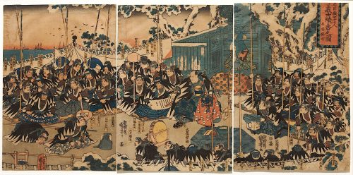 Utagawa Kuniyoshi (Künstler*in), Wie in der Ära Ryakuō 47 Samurai vom Hofe des Fürsten Enya dessen Todfeind Kōno Moronao in der Nacht angriffen, Um 1840