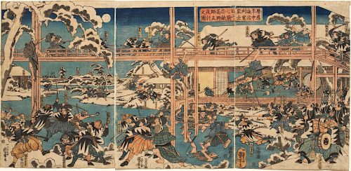 Utagawa Kuniyoshi (Künstler*in), Die Rache der herrenlosen Samurai: Die Feier am Grab des Fürsten Enya | Aus dem Chūshingura, Um 1840