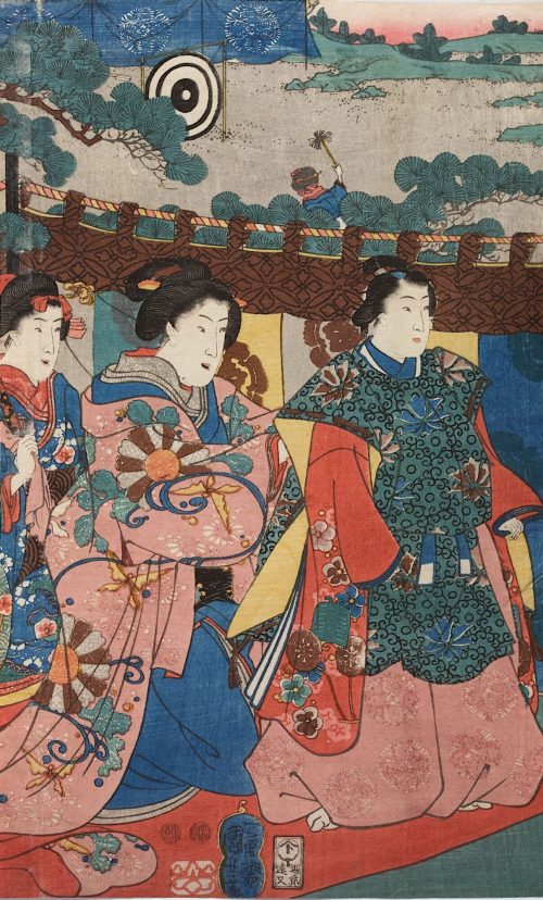 Utagawa Kuniyoshi (Künstler*in), Ein Fest im Freien mit Bogenschießen im Hintergrund, Um 1848