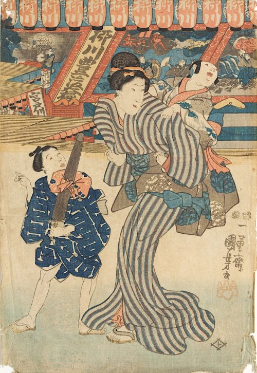 Utagawa Kuniyoshi (Künstler*in), Eine Amme mit Kindern bei den Verkaufsläden im Kinryū-Tempel, um 1850