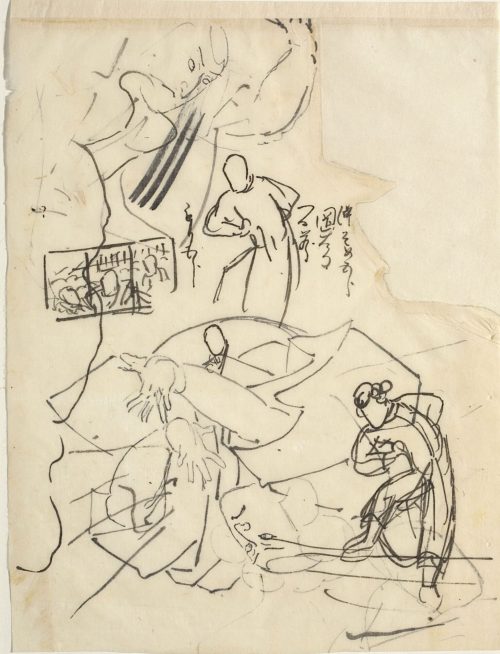 Utagawa Kuniyoshi (Künstler*in), Studien mit Figuren und Skizzen eines Triptychons (recto) Figurenstudie; Notizen: »die Mitte färben / Kuniyoshi / mehr nach unten« (verso)