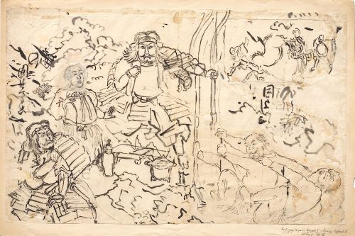 Utagawa Kuniyoshi (Künstler*in), Studie zur Erzählung Die zwei Bogenspanner am Bogen des Tametomo (links); Skizze für das Diptychon Die starke Frau Okane aus der Provinz Omi (rechts oben), Um 1835