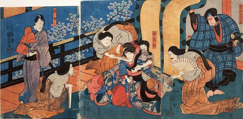 Utagawa Kuniyoshi (Künstler*in), Die Palastdamen quälen die eifersüchtige Omiwa | Aus dem
Kabuki-Schauspiel Chronik der Frauen von Imosegawa
, Um 1850