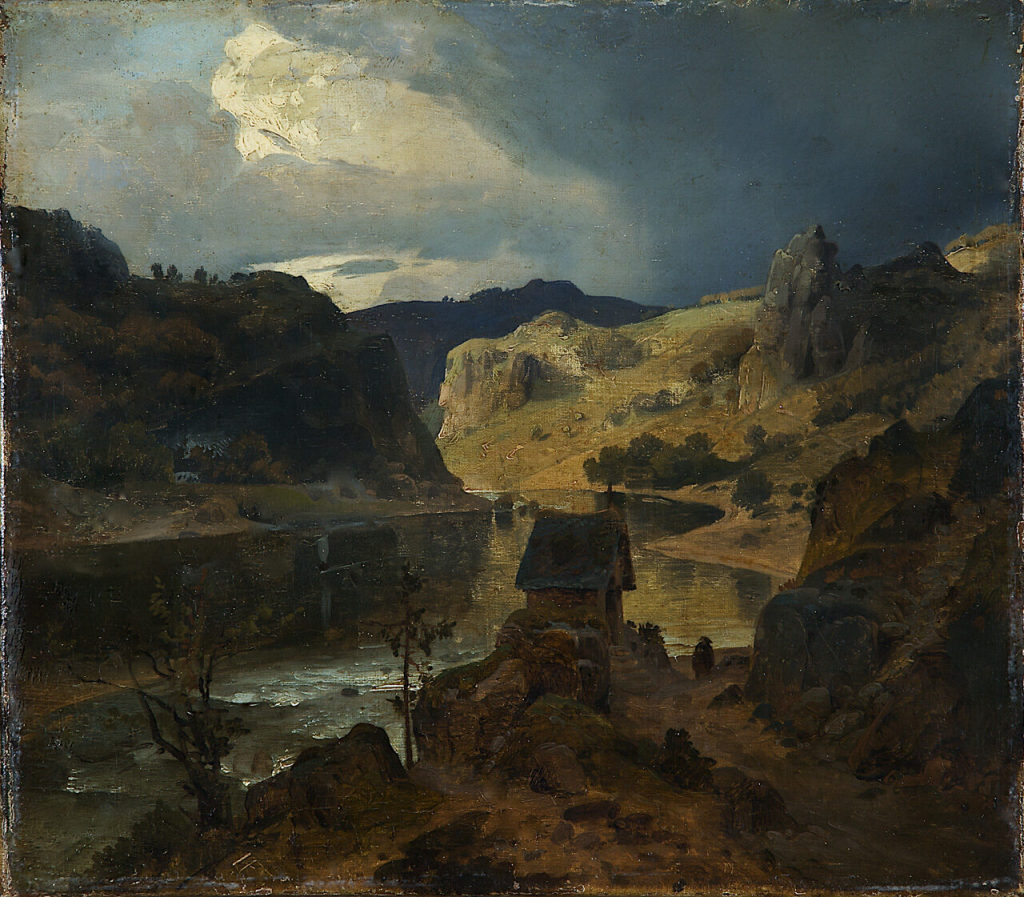 Andreas Achenbach, Bergige Flusslandschaft - Ahrtal nahe Lochmühle bei Mayschloß, 1834, Kunstpa ...