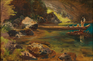 Julius Rollmann, Gebirgssee mit Mann auf Holzkahn, 1859, Kunstpalast, Düsseldorf, Dauerleihgabe ...