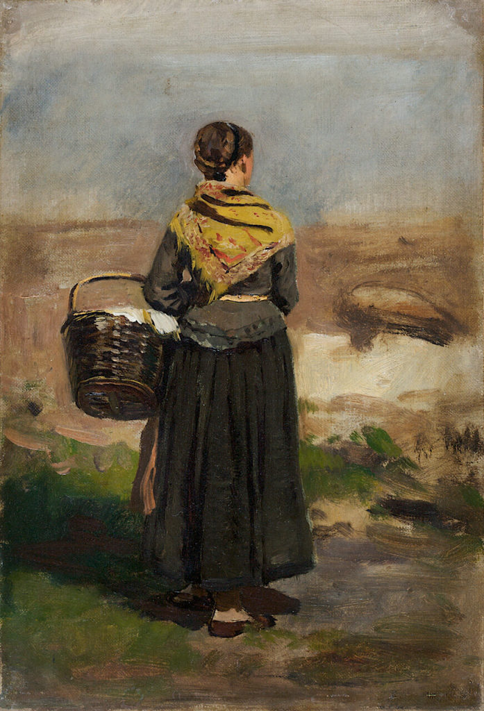 Eugène Dücker, Rückenfigur einer stehenden Frau in Landschaft (Studie), vor 1879, Kunstpalast,  ...