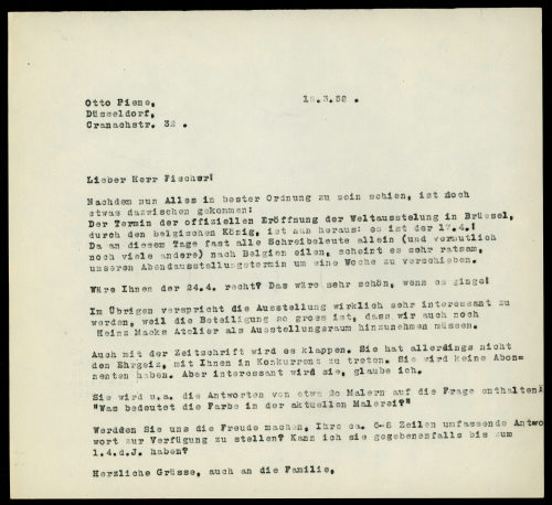 Otto Piene (Absender*in), Korrespondenz von Otto Piene an Klaus Jürgen Fischer, 18.03.1958