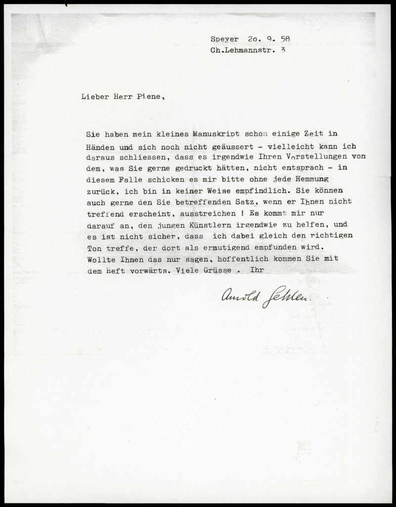Korrespondenz von Arnold Karl Franz Gehlen an Otto Piene