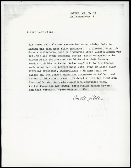Otto Piene (Empfänger*in), Korrespondenz von Arnold Karl Franz Gehlen an Otto Piene, 20.09.1958