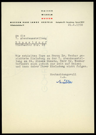 Korrespondenz von Dr. Paul Wember an Heinz Mack